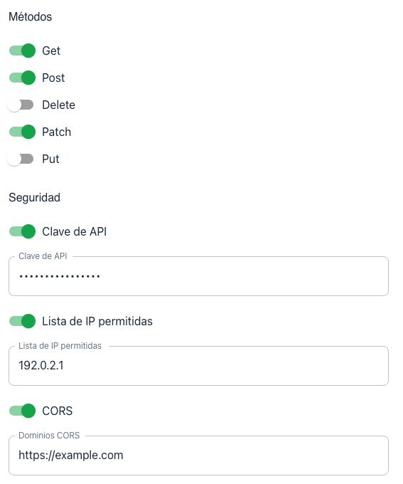 Controles de métodos y seguridad de una conexión de Sheet Best, con datos de demostración.