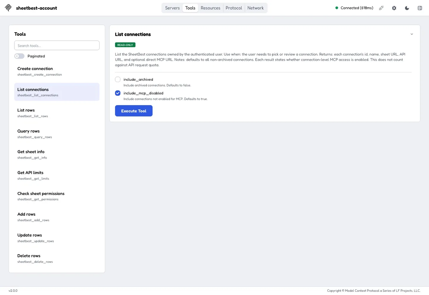 Sheet Best Google Sheets MCP server tools available to an AI assistant.