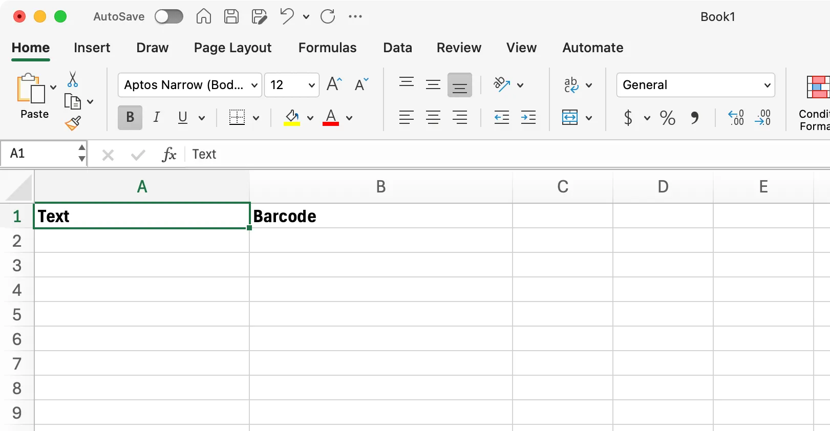 how to format columns in excel to auto generate barcodes