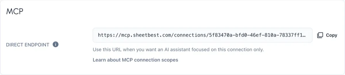 The direct Google Sheets MCP endpoint shown on a production Sheet Best connection.