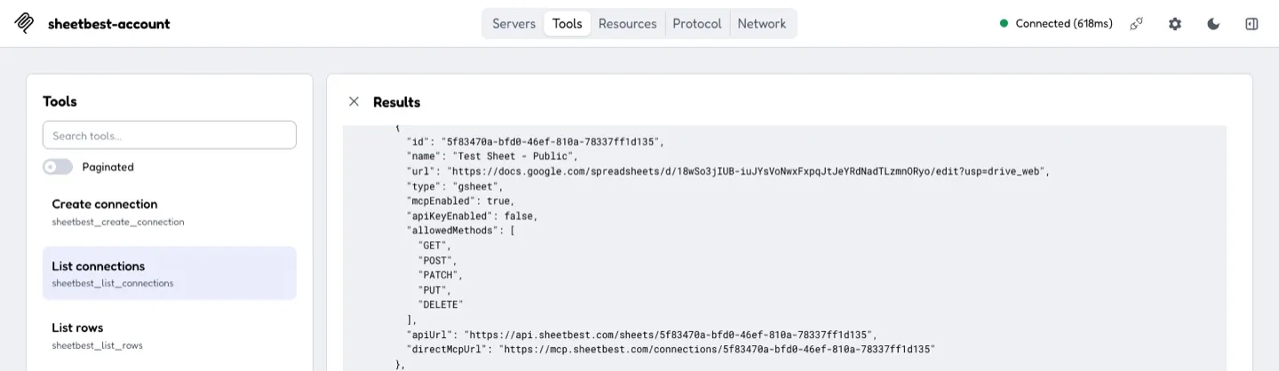 A Google Sheets MCP server listing the Sheet Best connections available to an authenticated account.