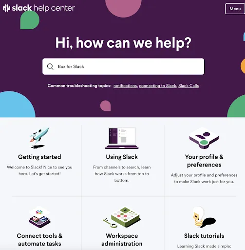 Slack help center knowledge base example