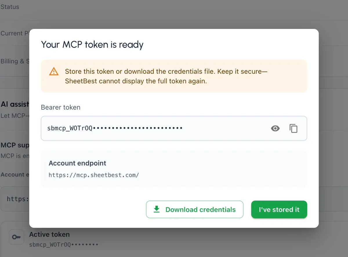 The one-time Sheet Best MCP token dialog with the credential safely masked.