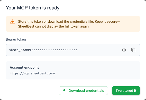 One-time Sheet Best MCP token dialog with a masked demonstration token, the hosted endpoint and download action.