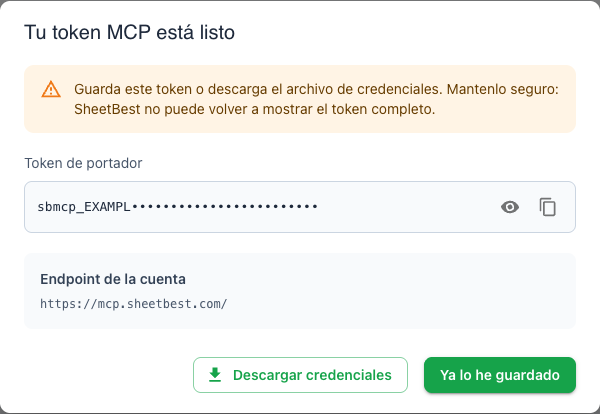 Diálogo de token MCP de Sheet Best, visible una sola vez, con el endpoint alojado y la opción de descarga.
