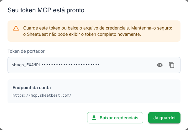 Diálogo do token MCP do Sheet Best, exibido uma única vez, com o endpoint hospedado e a opção de download.