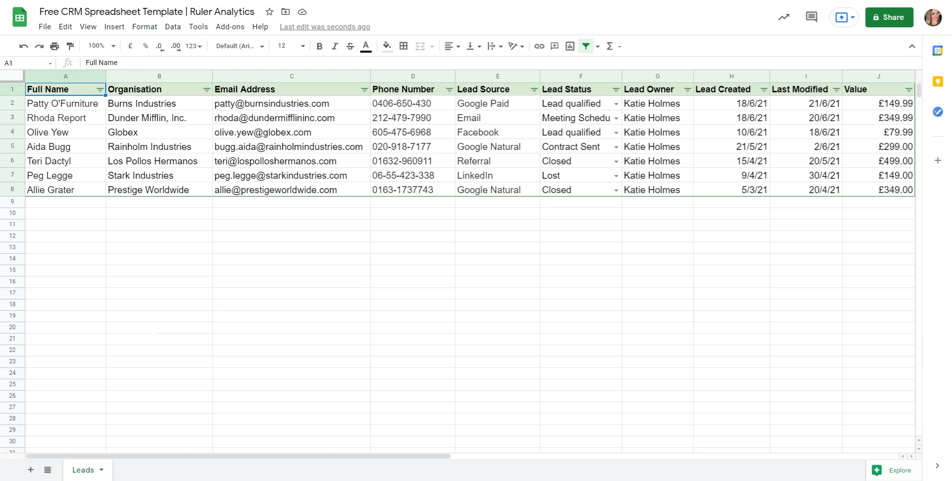 track leads google sheets - lead information - www.ruleranalytics.com