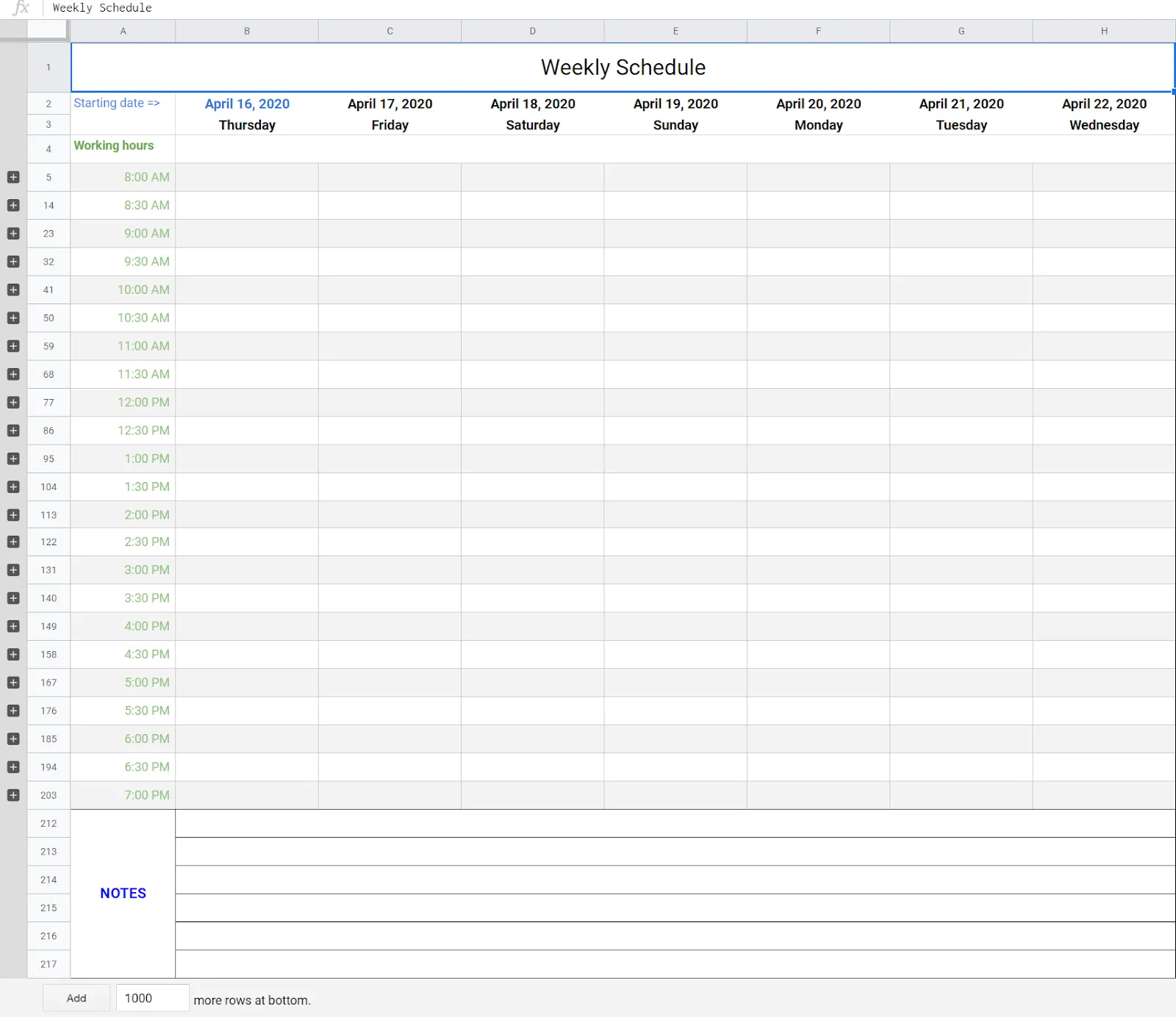 Weekly Schedule Template in Google Sheets